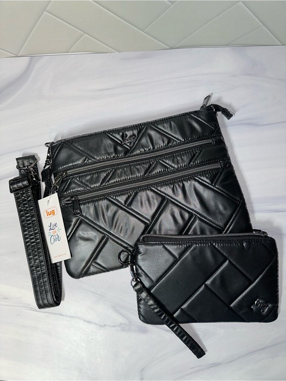 Lug Dazzle SE Crossbody with small wristlet pouch Metallic Black NEW